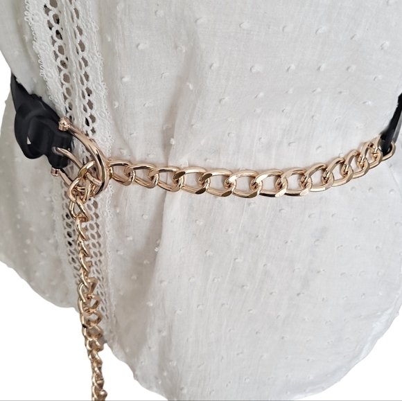 Womens edgy black Faux leather Y2K metal gold chain waist punk rock dress belt - Picture 13 of 17